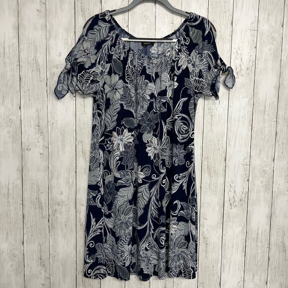 Espresso Navy Floral Print Cold Tie Shoulder Flowy Shift Dress - Picture 1 of 7